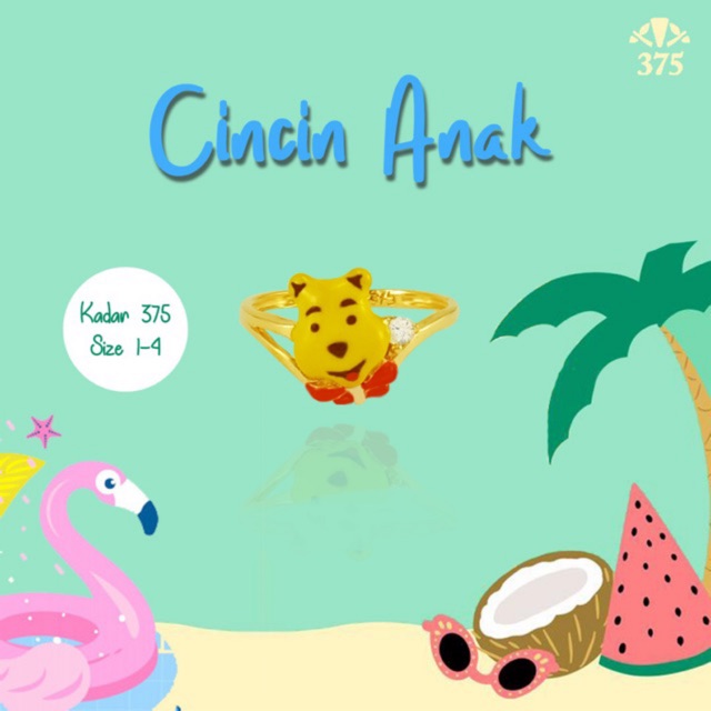 Cincin anak perempuan motif winnie the pooh emas asli kadar 375