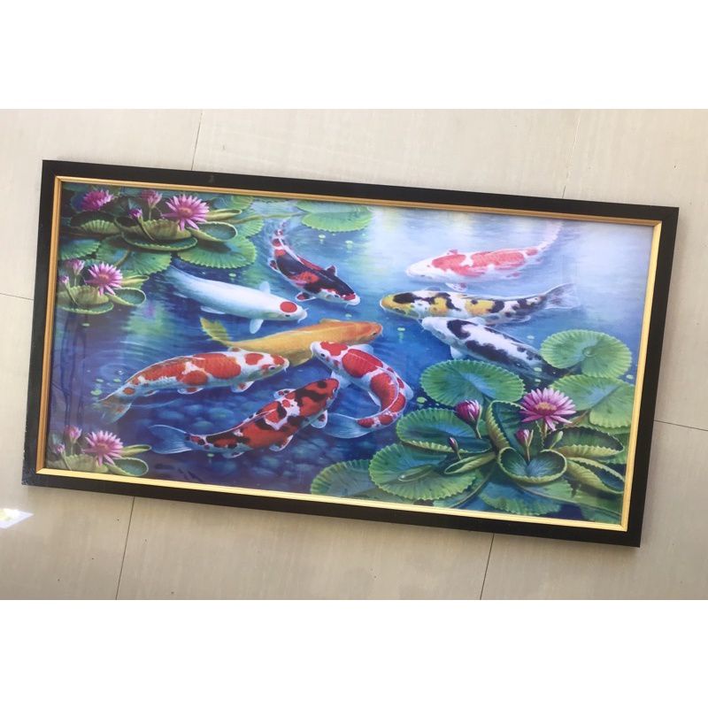 hiasan dinding lukisan cetak gambar ikan koi plus bingkai