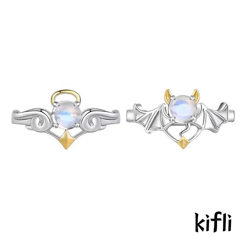 Perhiasan Cincin Silver Desain Malaikat Devil Hias Moonstone Biru Untuk Pasangan (KD)