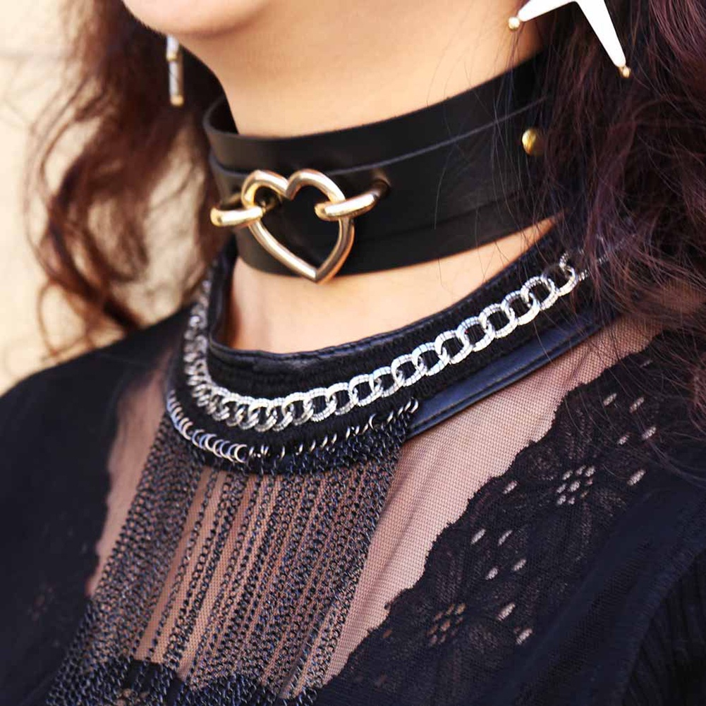 Hu Hu Hu Hu Hu Alat Bantu Pasang Kacamata♡ Kalung Choker Wanita Bahan Kulit Imitasi Aksen Hati Gaya Punkhip Hop Untuk Club