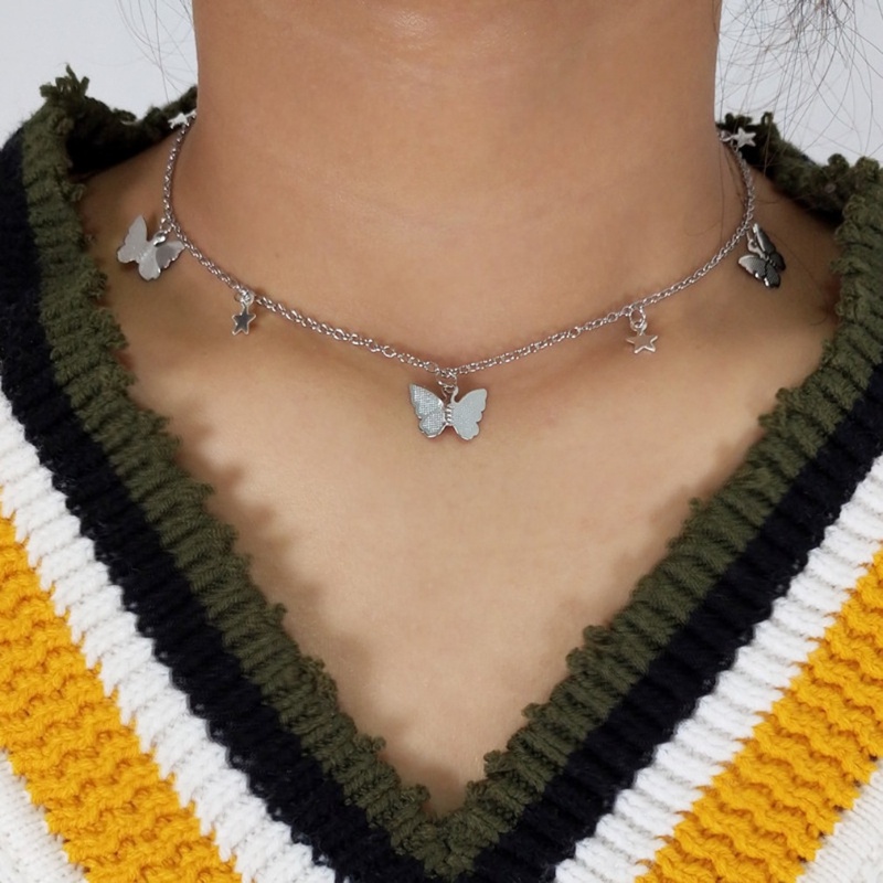 Kalung Rantai Choker Liontin Kupu-Kupu Bintang Sequin Gaya Korea Untuk Aksesoris