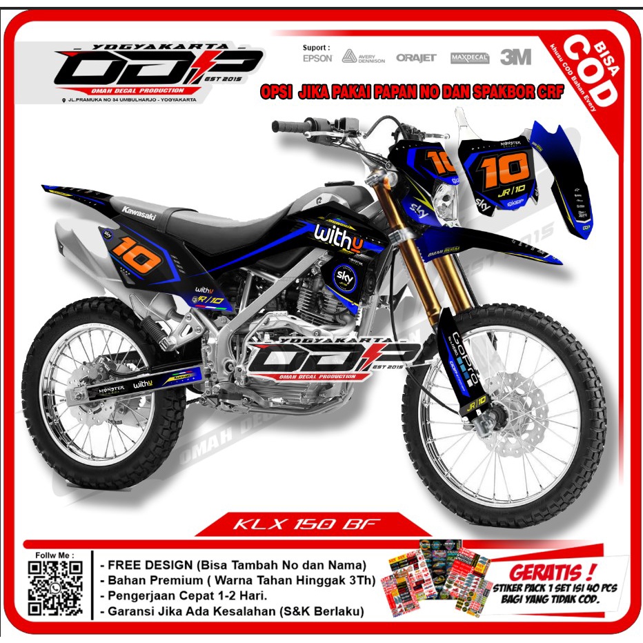 decal stiker KAWASAKI KLX BF 150 full body dekal STICKER striping SUPERMOTO KEREN PREMIUM HITAM BIRU