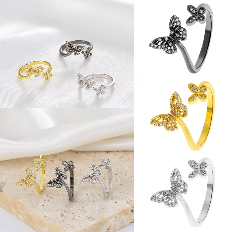 Cincin Model Terbuka Desain Kupu-Kupu Hias Zircon Gaya Korea Flexible Untuk Wanita
