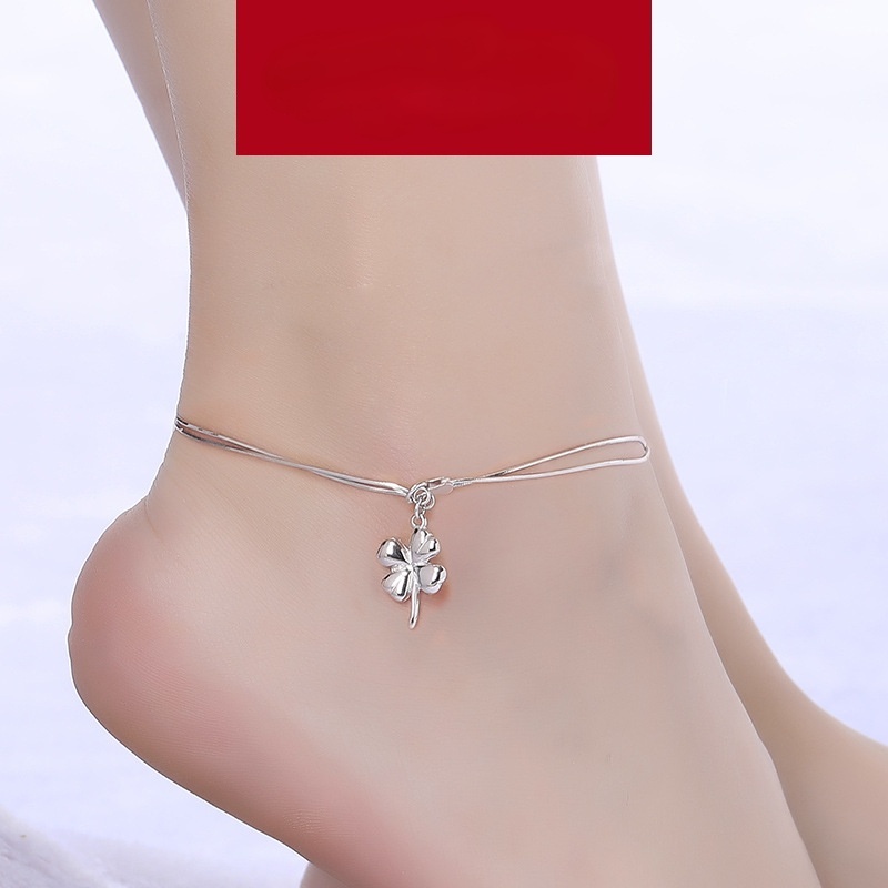 Gelang Kaki Model Double Layer Bahan Stainless Steel Desain Daun Clover Untuk Wanita