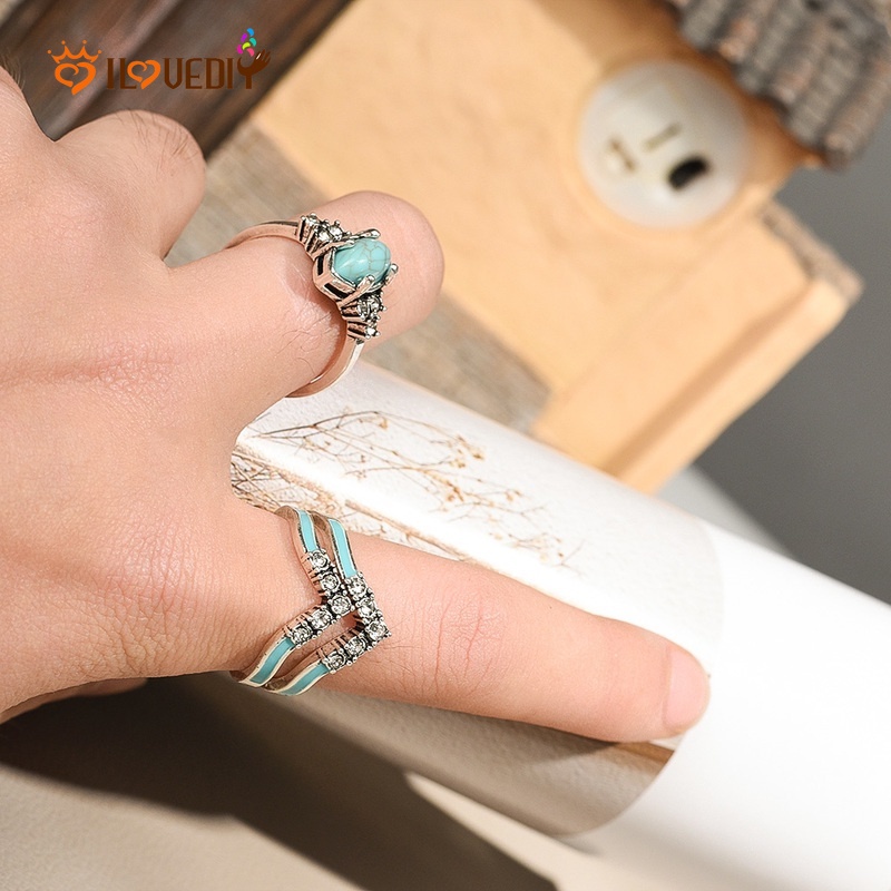 3pcs / Set Cincin Wanita Hias Turquoise Berlian Imitasi Gaya Retro Untuk Pesta Pernikahan / Hadiah