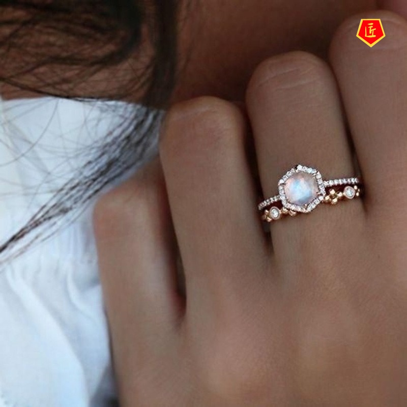 [Ready Stock]Inlaid Moonstone Ring 925 Silver Simple All-Match