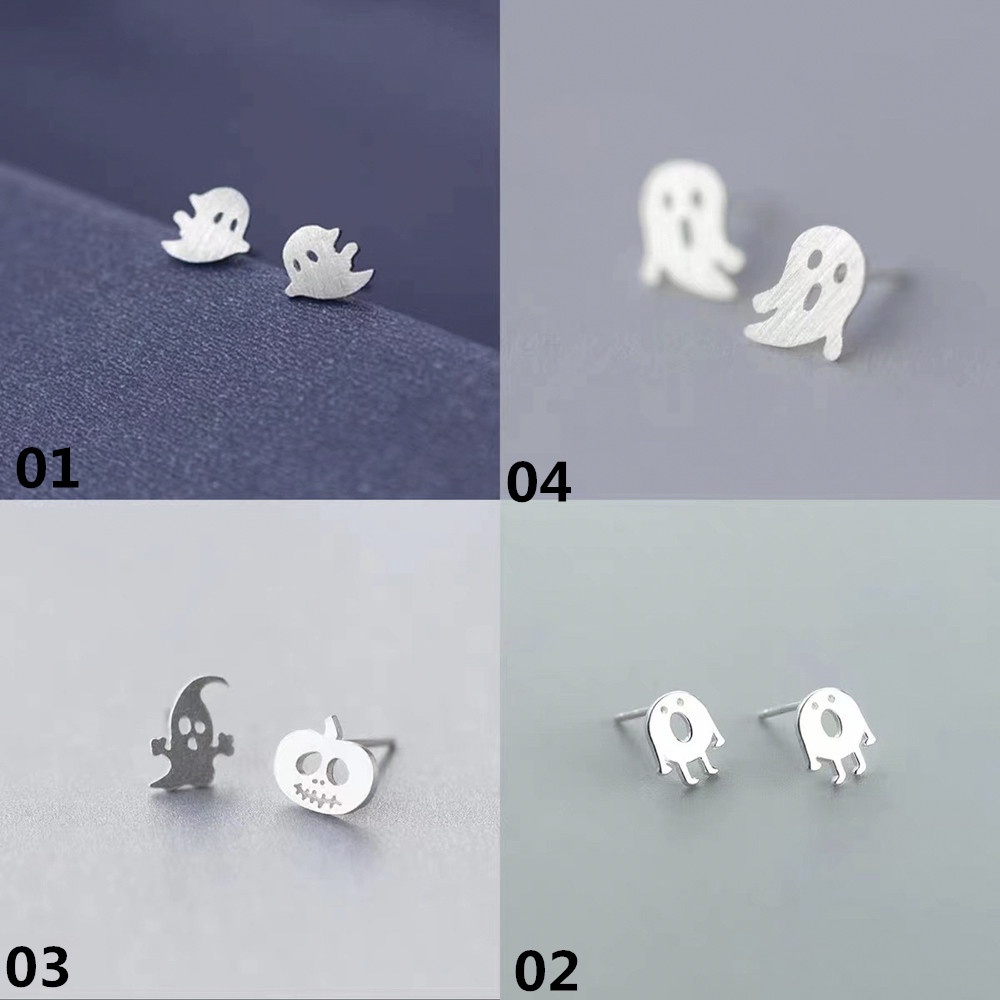 Anting stud mini Desain Hantu Labu halloween Bahan 925 Silver Untuk Wanita