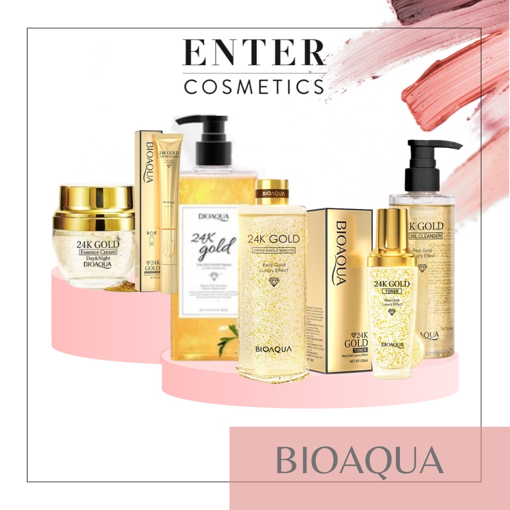 BIOAQUA 24K Gold Skin Care Essence Cream/ Bioaqua 24K Hydrating Toner/Bioaqua 24K Brightening Serum Wajah/Bioaqua 24K Massager Eye Cream/Bioaqua 24K Make Up Remover