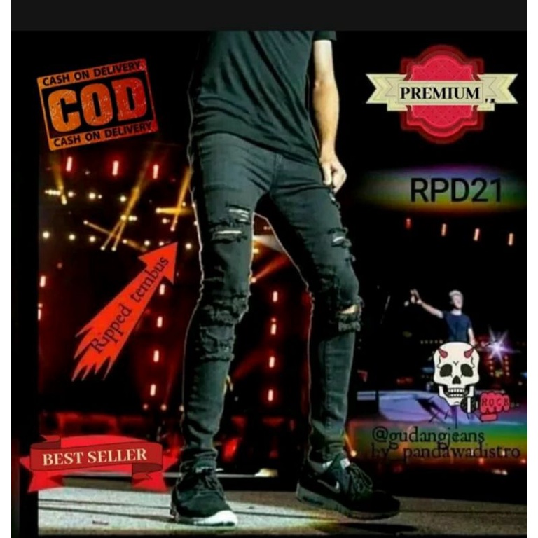 CELANA SOBEK PRIA RIPPED JEANS ROBEK SLIMFIT PENSIL SKINNY STRETCH DENIM HITAM PREMIUM 27-38