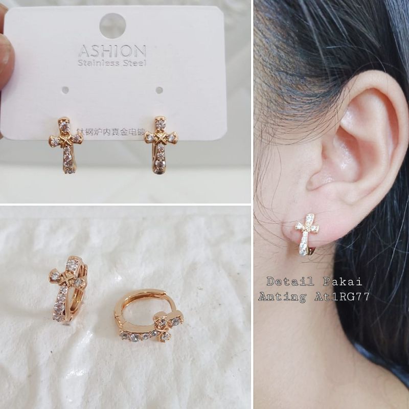 Anting Titanium Salib Permata Anti Karat Anting Klip Wanita