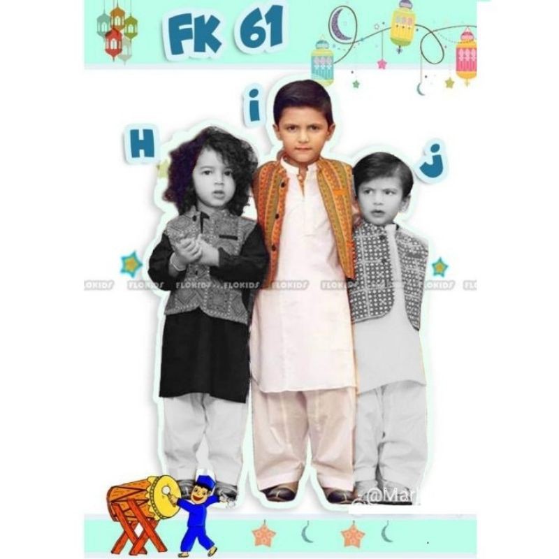 FK61 i Baju Koko Anak India Celana Kuning Cream Biru Orange Kostum Muslim lebaran Pakistan Punjabi K