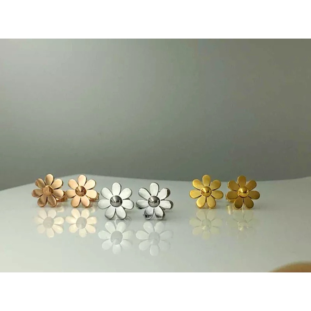 Anting Tusuk Titanium Aksen Bunga  Warna Steel Rose Gold, Gold dan Silver