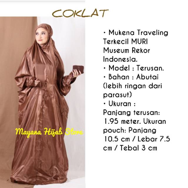 Mukena Traveling Terkecil MURI Museum Rekor Indonesia Model TERUSAN Tas Basic COKLAT