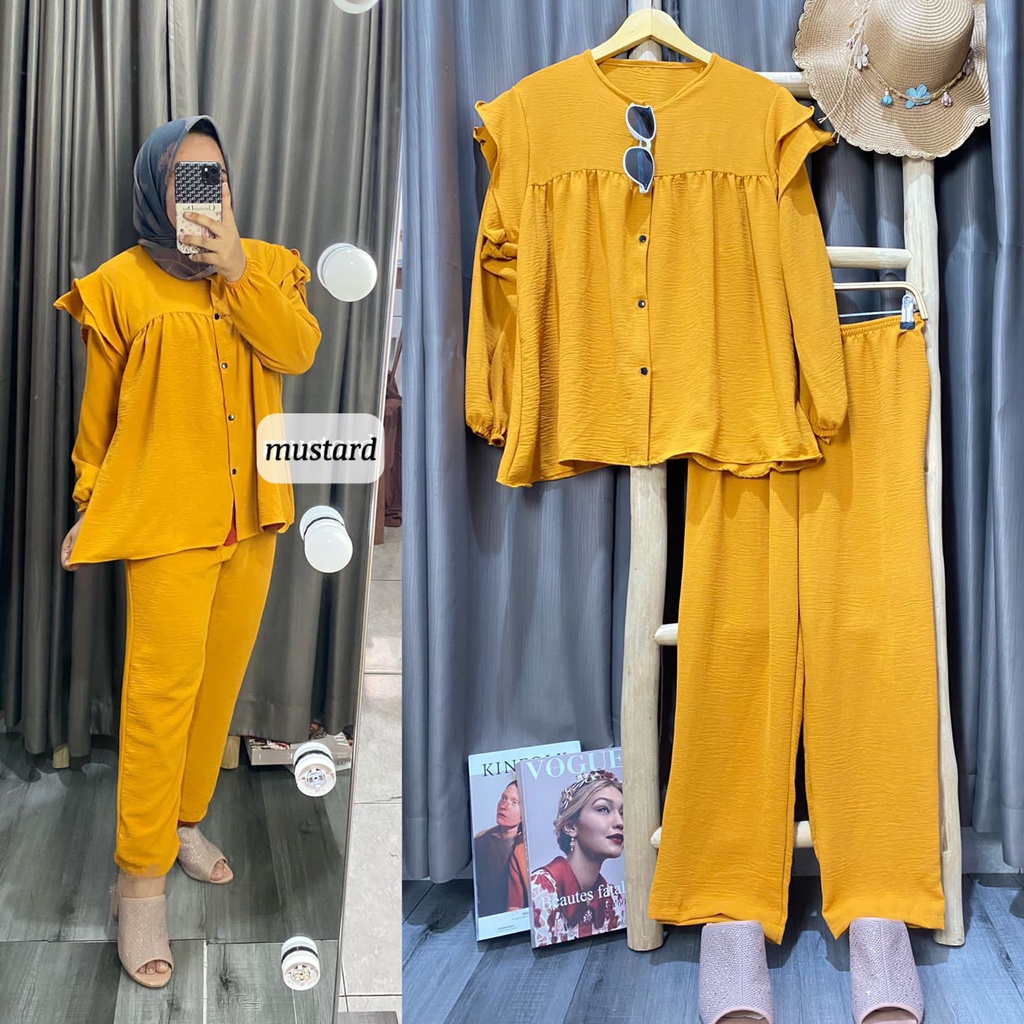 BEST SELLER | BISA COD | Daily set pejamas panjang premium busui - piyama lengan panjg rayon premium-Set andin mustard