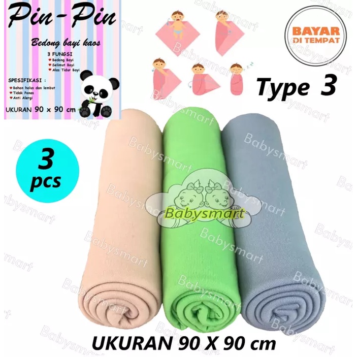 Babysmart - 3 Pcs Bedong Bayi Kaos PIN PIN Multi Colour Size 90 x 90 cm/Selimut Bayi/Alas bayi/Alas kereta/perlengkapan bayi
