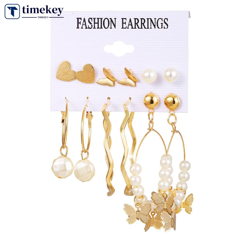 Timekey 6pcs / Set Anting Bulat Emas Wanita Hias Mutiara Gaya Vintage A2K5