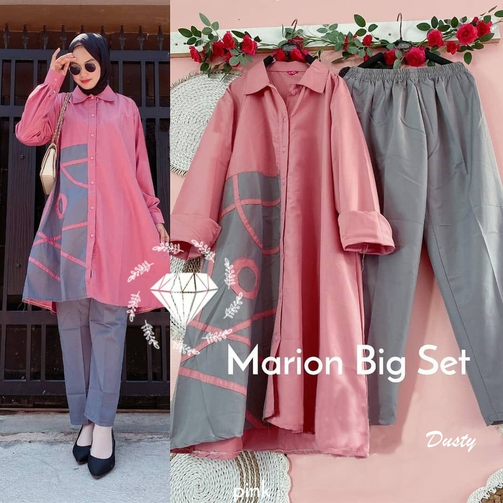 Setelan Tunik Casual Big Size & Celana Panjang Full Moscrepe Ready 5 Warna Set Marion