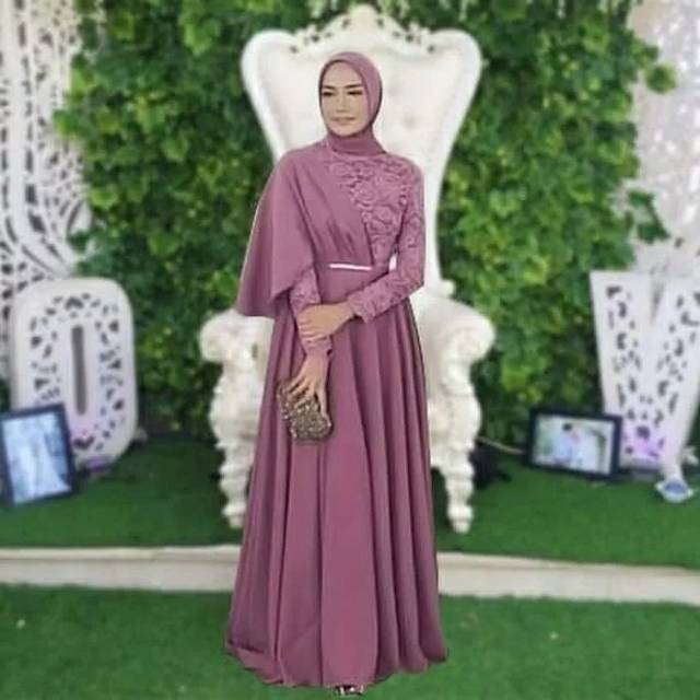 Maxi Dress Brukat Hias Slempang - Baju Pesta Muslim Limited Warna Dusty Mocca CLM
