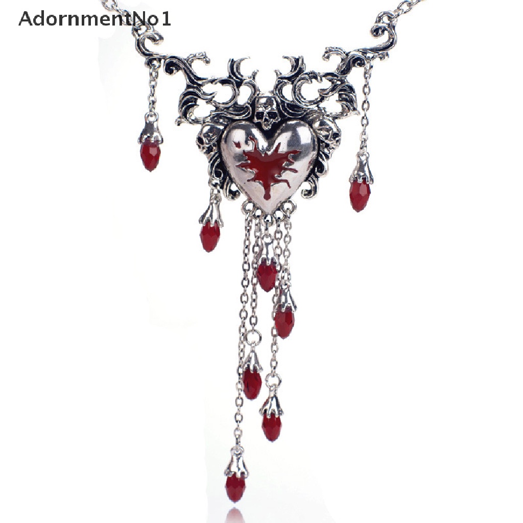 (AdornmentNo1) Kalung Rantai Dengan Liontin Hati + Tengkorak + Rumbai Merah Gaya Gothic Untuk Wanita