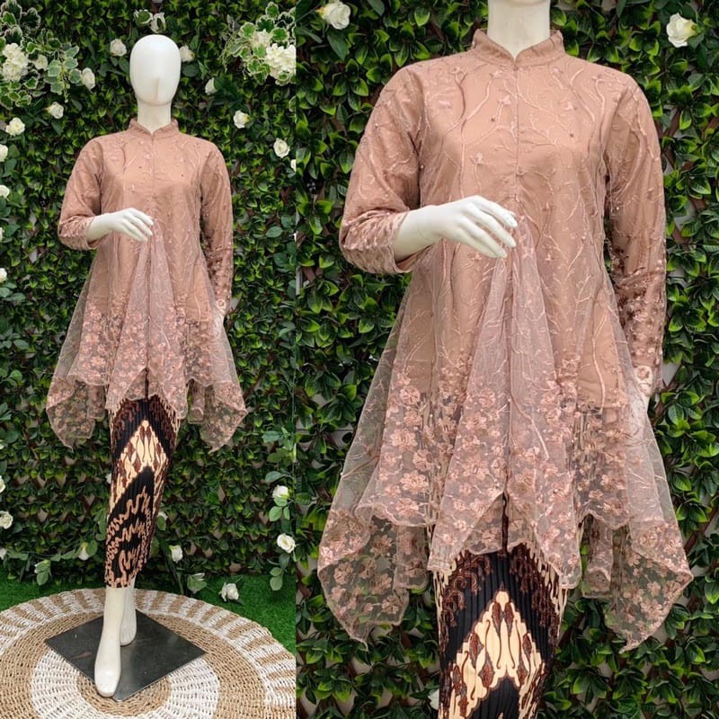 terbaru set kebaya tunik mauri / set kebaya tunik tulle mutiara bordir timbul / set kebaya pesta