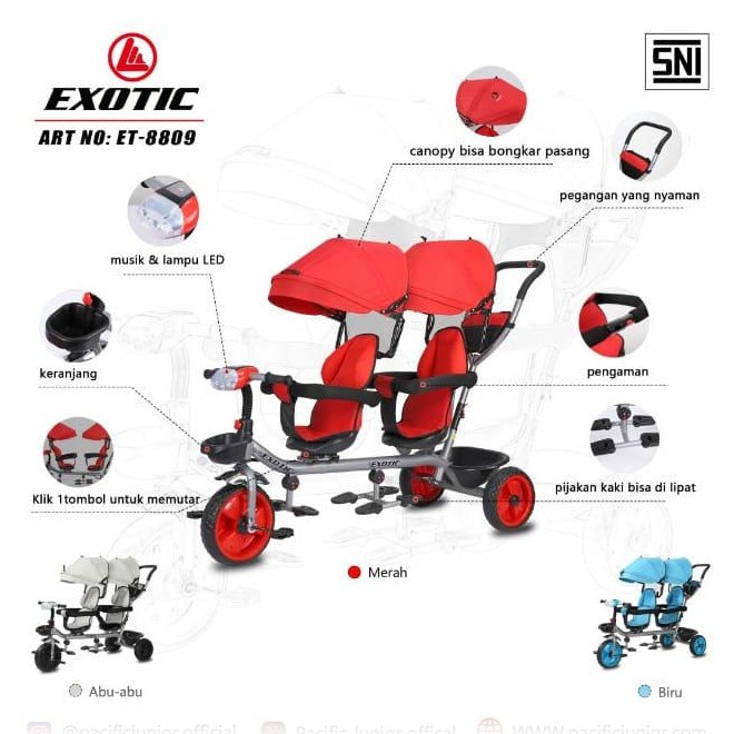 Sepeda Anak Bayi Balita Dorong Roda 3 Tricycle Exotic Kembar ET8809 2 Kursi Bisa Duduk Berhadapan By Pacific-4