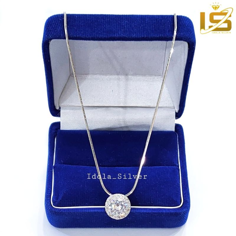 KALUNG PERAK ASLI SILVER WANITA 925 LAPIS EMAS PUTIH MODEL LIONTIN BULAT PERMATA MODEL DIAMOND - PERHIASAN PERAK WANITA ASLI