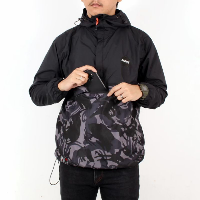 jaket pria kantong kangguru cagoule camo Hitam Loreng L XL taslan zn parasit