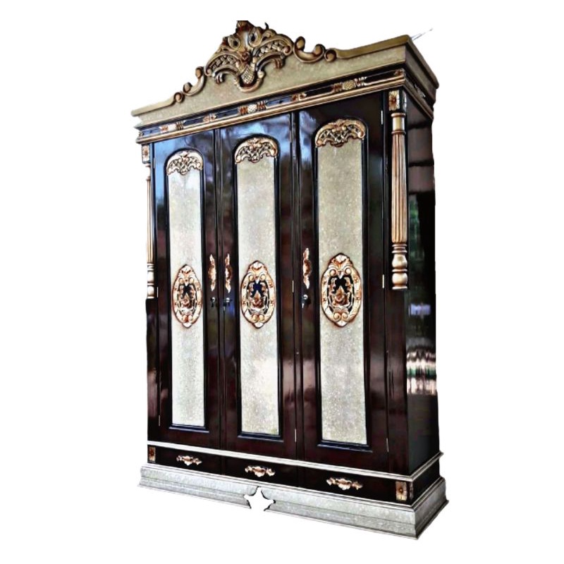 LEMARI PAKAIAN JATI 3 PINTU UKIRAN MEWAH WARNA KOMBINASI EMAS / LEMARI BAJU 3 PINTU WARNA MARMER