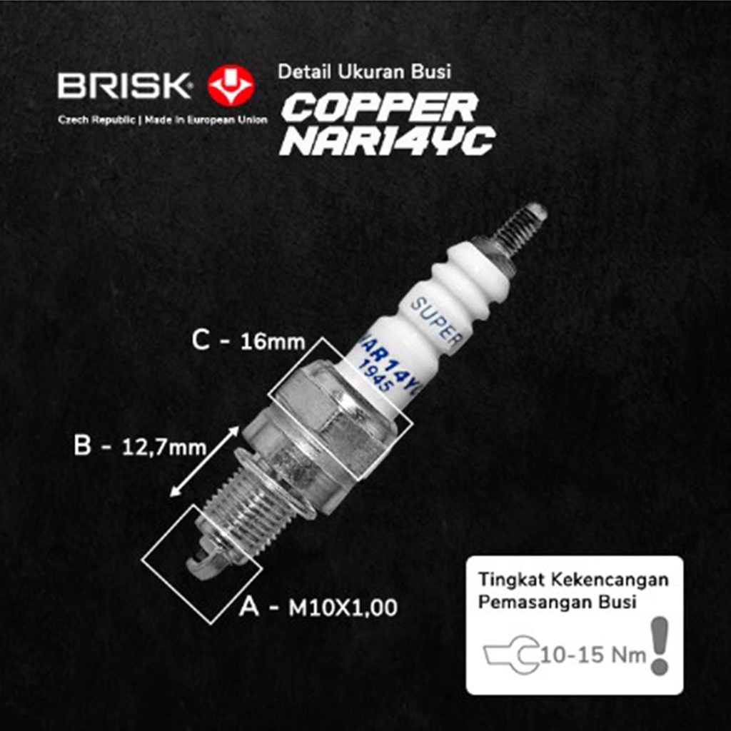 BRISK Busi Racing Copper NAR14YC Grand/Supra Fit-New/Mio Lama-Old-Carbu-Sporty-Smile-M3-Z-S/Soul GT 115-125 New Bluecore/X-Ride/FreeGo/Fino-FI-F1-Grande/Fazzio/D Tracker 150/KLX 150/Blitz/Win Coper Spark Plug