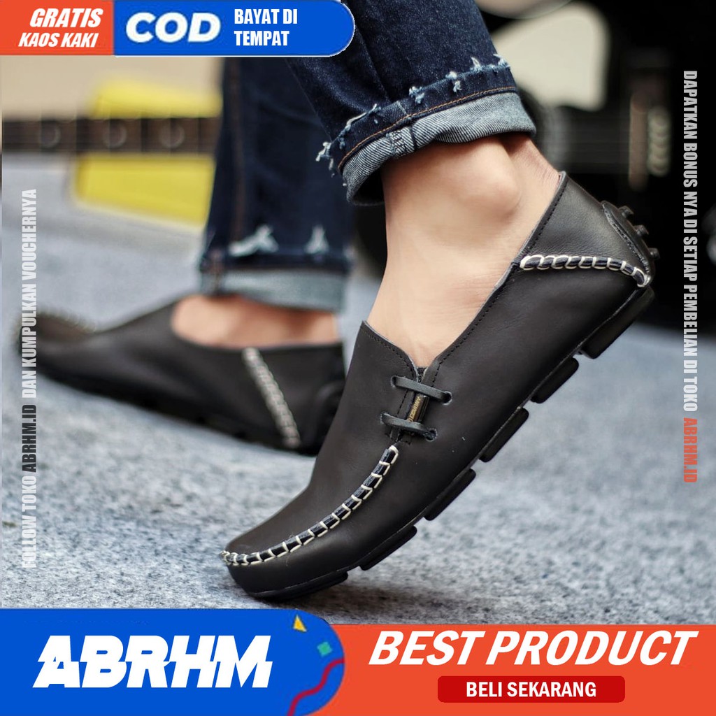 ABRHM x MOCLEA Sepatu Kasual Pria Sepatu Pria Casual Kulit Asli Slip Sepatu Kerja Original Keren Sepatu Slop Anti Slip Mocasin Sepatu Kerja Kantor Semi Formal Kuliah Kondangan Gaya keren Kekinian Murah Terlaris