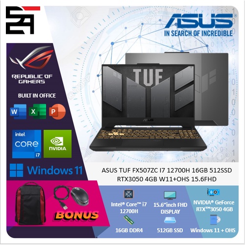 Asus Tuf FX507ZC i7 12700H 16GB 512GB SSD RTX3050 4GB W11 OHS 15.6 inchi FHD