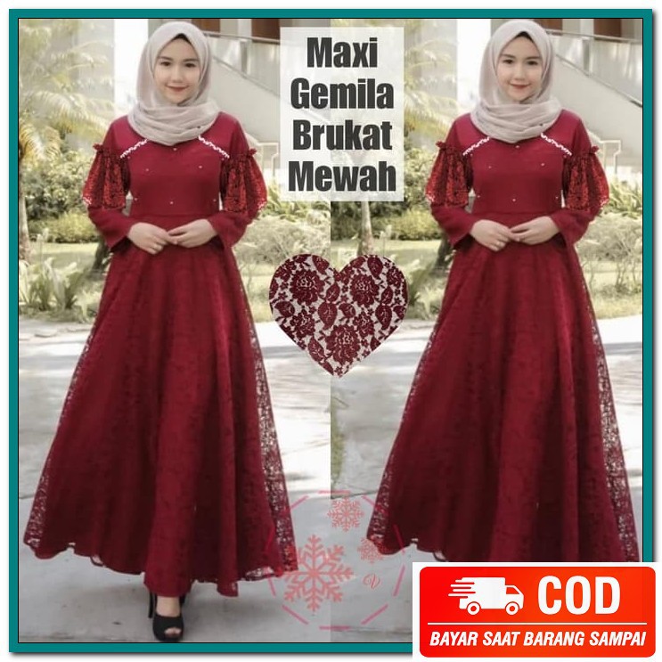 [ Super Sale ] Baju Gamis Syari Aulia Maxi Xl Terbaru 2021 / Dres AE768 Maxi Gemila Maron Brukat Me