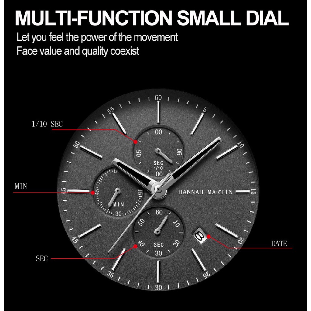 Jam Tangan Pria Hannah Martin 100% Original Tahan air COWOK Kronograf Aktif Quartz Analog Fashion Business 109