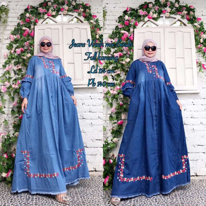 gamis wanita jeans mix bordir