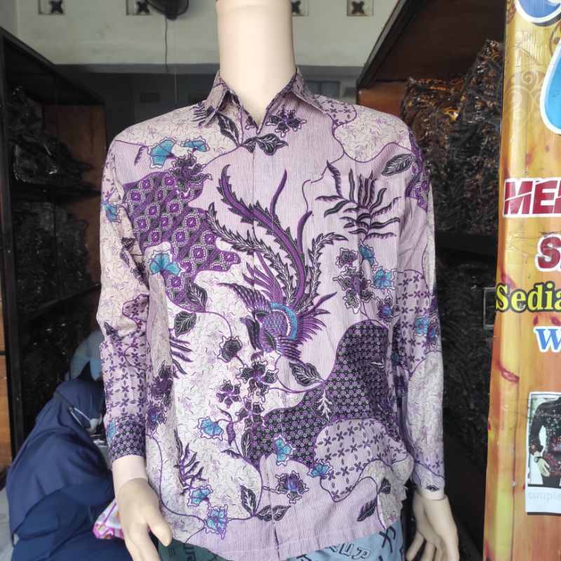 BAJU BATIK KEMEJA PRIA LENGAN PANJANG SEKARJAGAT UNGU LILAC M L XL XXL