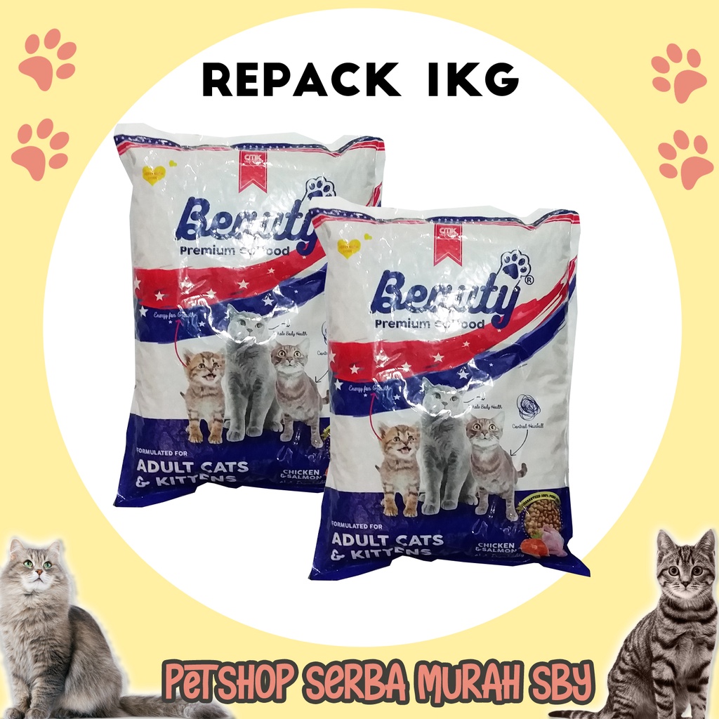 Beauty Chicken Salmon Adult and Kitten Repack 1kg - Makanan Kering Anakan Kucing Dan Kucing Dewasa