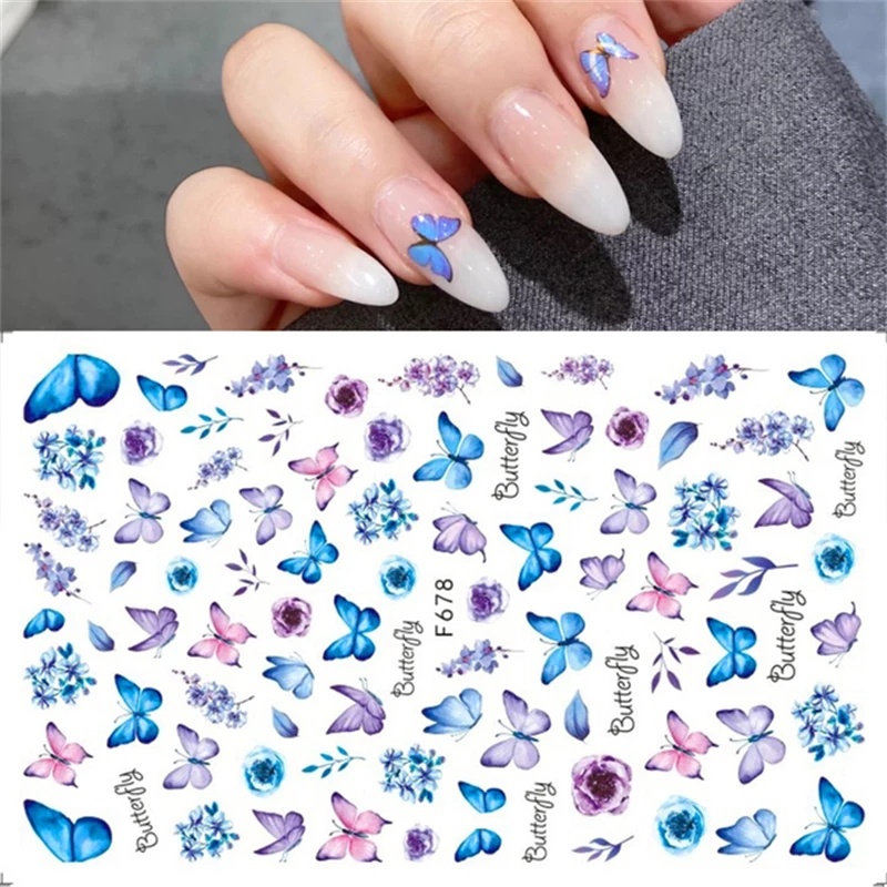 1 Sheet Pack 3D Blue Butterfly And Flowers Pattern Nail Foils / Summer Self-adhesive Paper Nails Stickers / Water Transfer Nail Decal / Manicure Art Decorations / DIY Nail Makeup Tools