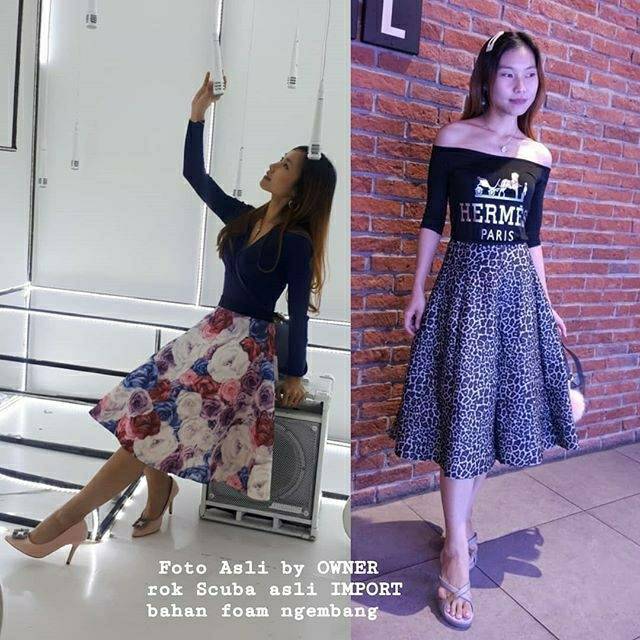 Flare midi skirt / rok scuba IMPORT / ROK ombre gradasi import thailand asli Bangkok