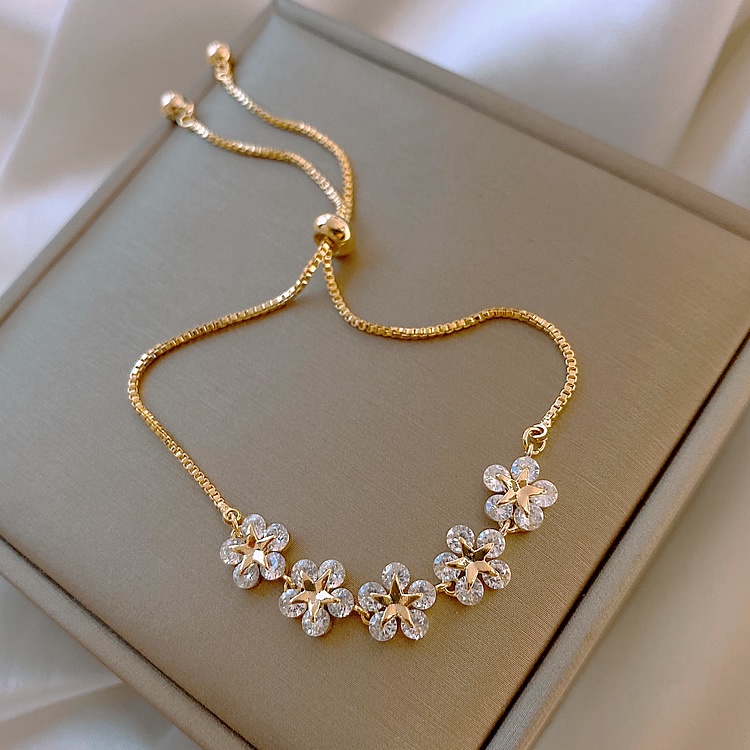 Gelang Tangan Rantai Adjustable Motif Bunga Aksen Kristal Zircon Untuk Perhiasan Wanita / Pesta Pernikahan