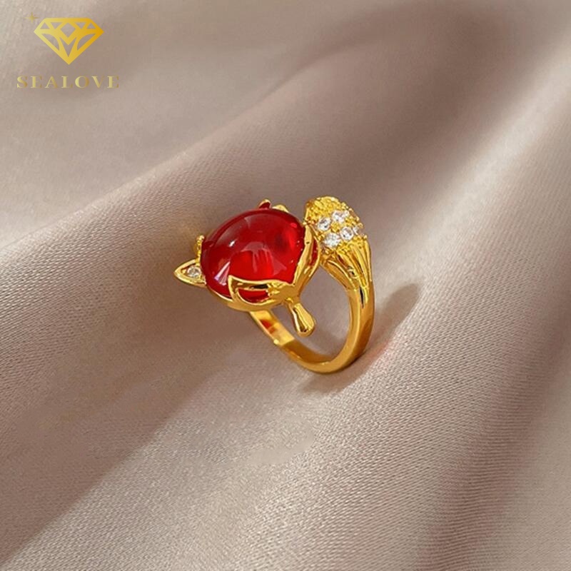 Cincin Titanium Wanita Adjustable Anti karat 18k Emas Rubah Ruby Berlian aksesoris Korea