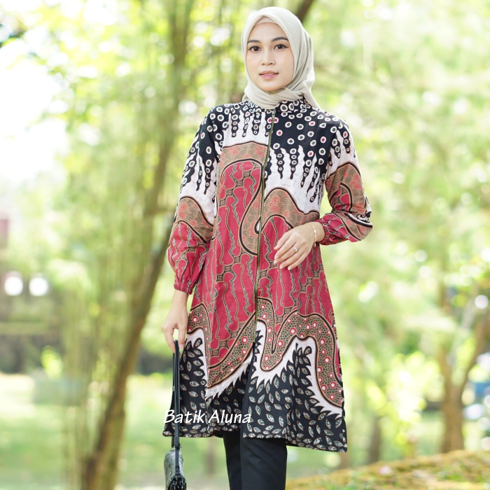 Batik Wanita Modern Tunik Premium Lengan Panjang Atasan Batik Kantor Wanita Dewasa Terbaru Kekinian Resleting Full Furing Baju Batik Couple Wanita Modern Jumbo Lengan Panjang FASHION BATIK ALUNA