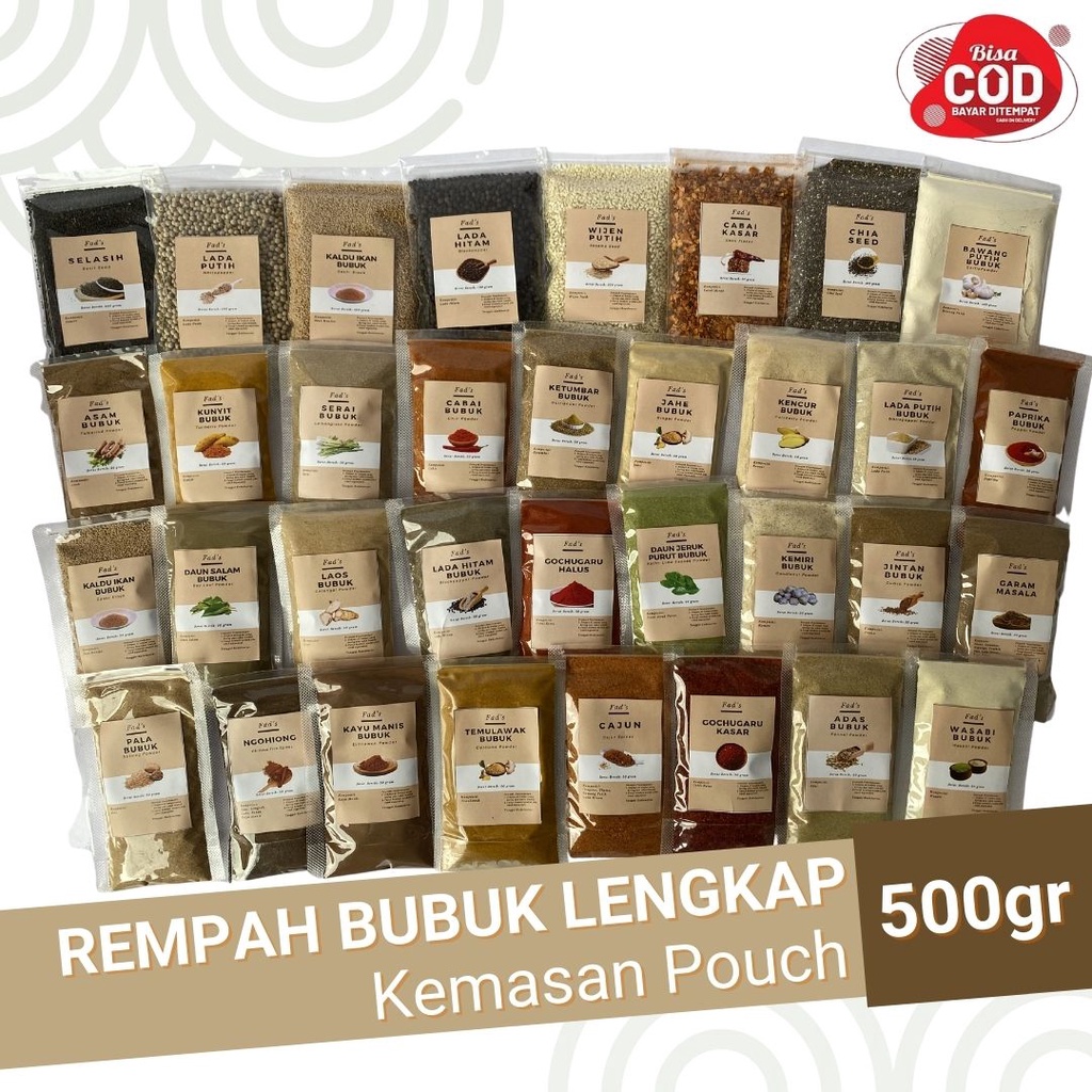 Fad's Bumbu Dapur Bubuk Lengkap 500gr - Rempah Bubuk Lengkap - Adas Asam Bawang Cabai Ngohiong Daun Jeruk Salam Gochugaru Jahe Jintan Kayu Manis Kemiri Kencur Ketumbar Kunyit Lada Hitam Lada Putih Laos Pala Paprika Selasih Serai Temulawak WIjen