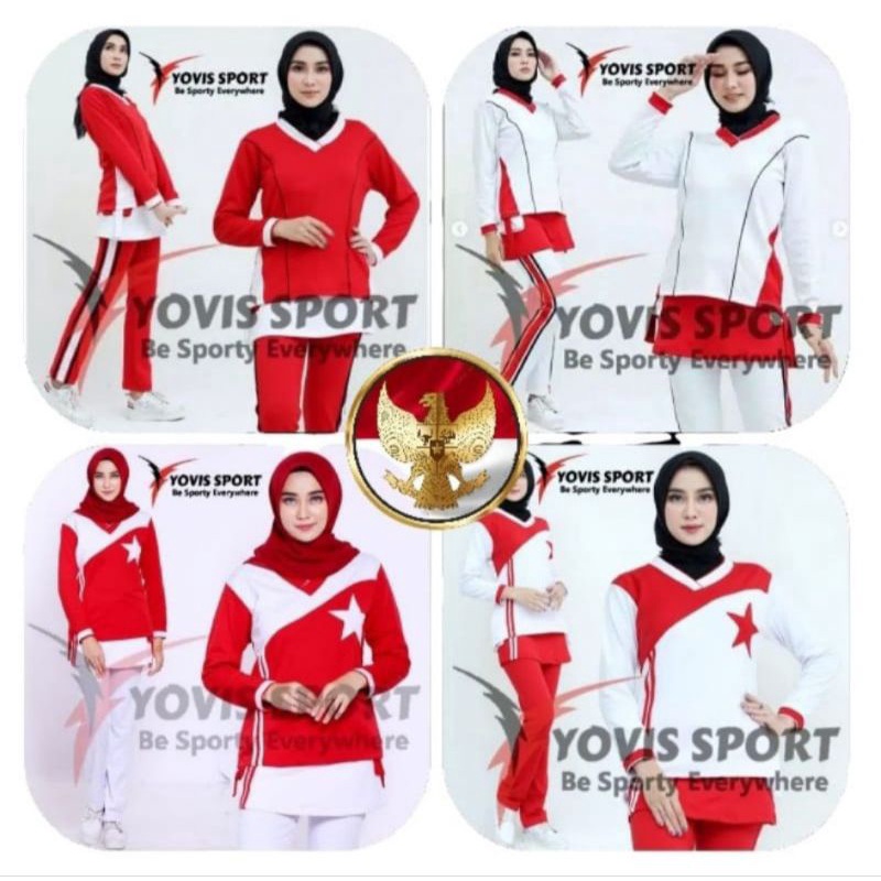 Stelan Olahraga Sepeda Wanita Muslimah/Stelan Baju Senam Tunik Aerobic Edisi Kemerdekaan Merah Putih