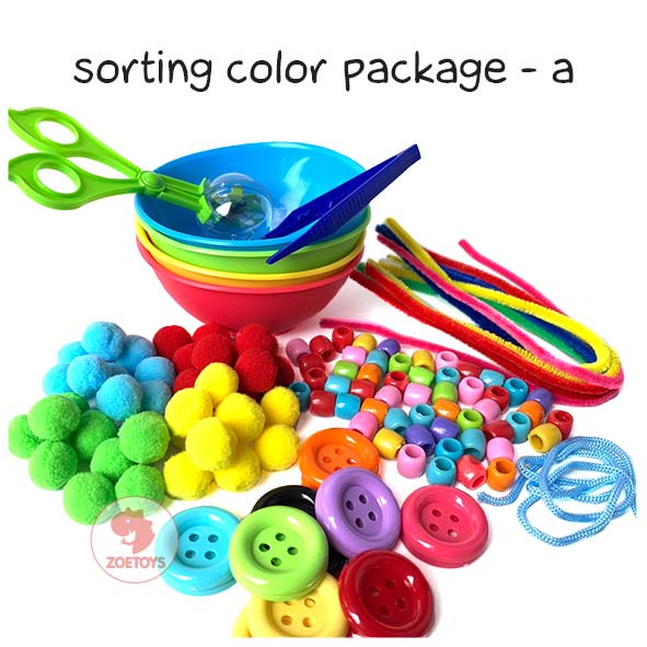 Zoetoys Paket Hemat Motorik Sorting Color Package |  Paket Montessori Mangkok Memisahkan Sorting Warna Pompom Kancing Tweezer Bowl Set