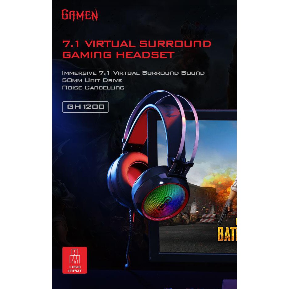 GAMEN GH1200 USB Input 7.1 Virtual Surround with Hidden Microphone Gaming Headset