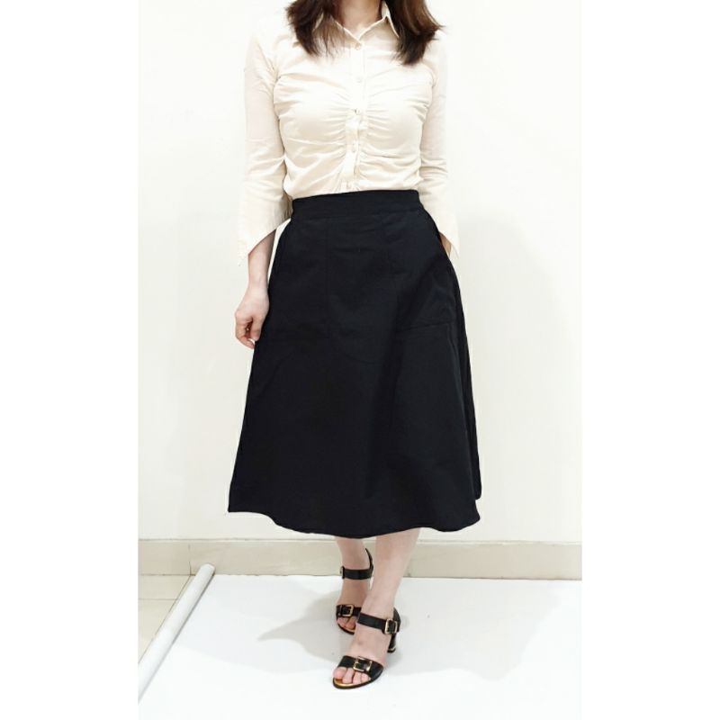 Rok Wanita Midi Skirt Katun Polos Model A Line Panjang 7/8, Alena Skirt#-5