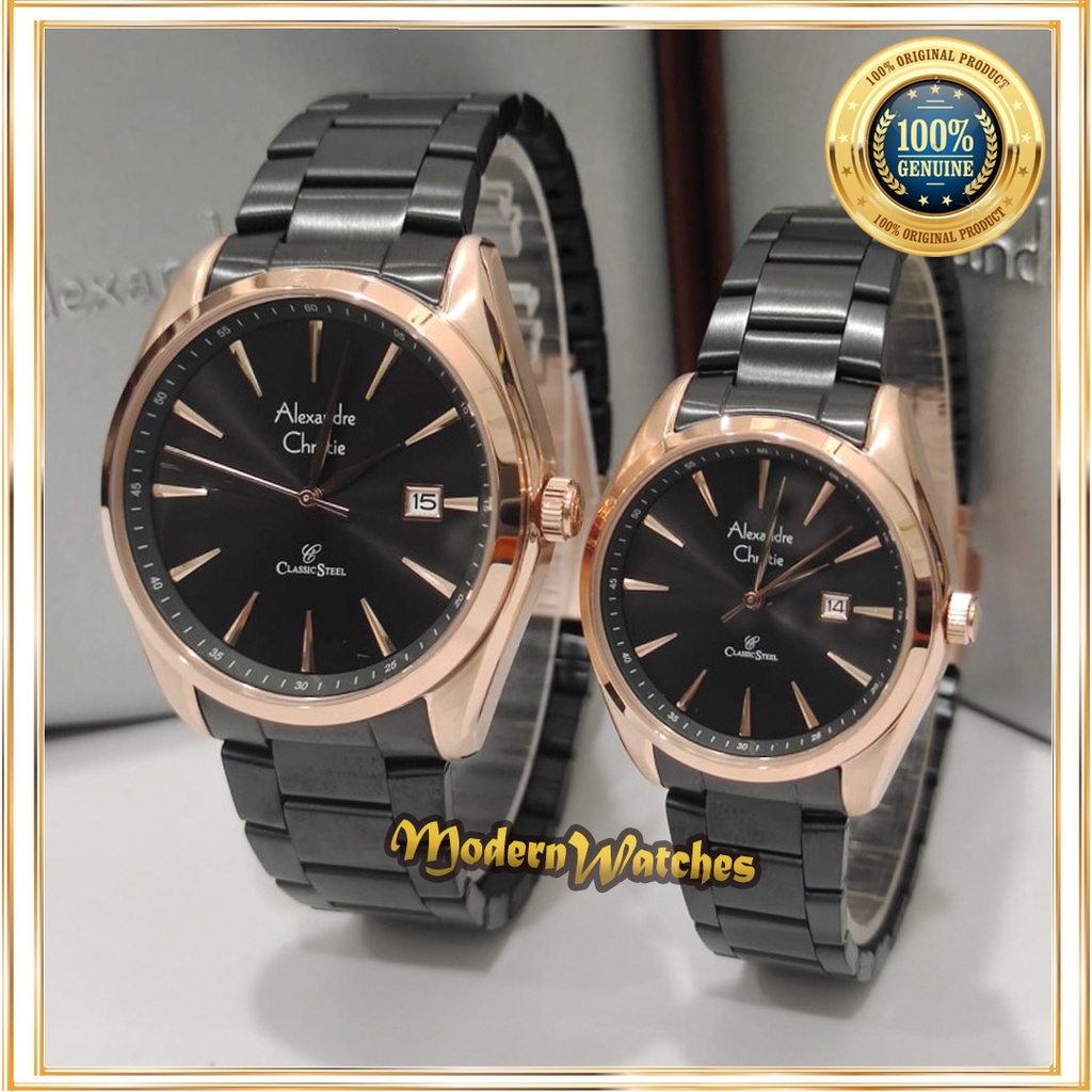 Jam Tangan Couple Ori Alexandre Christie AC 8658 / 8348 Full Black Hitam Terbaru Wanita Pria Sepasan