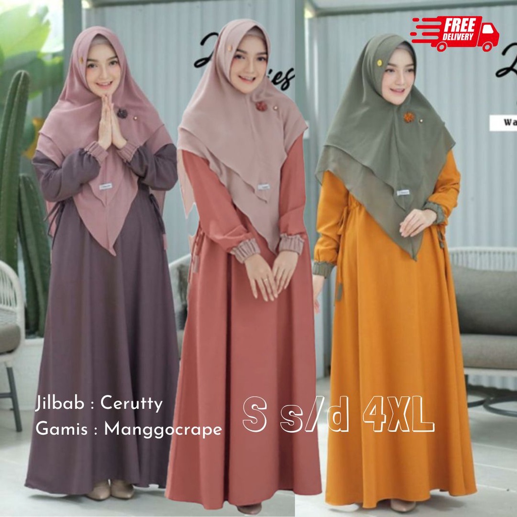 ZAILA SET GAMIS SYARI PLUS KHIMAR CERUTY UKURAN S - M - L - XL - XXL -XXXL - 4XL BUSUI POLOS DRESS S