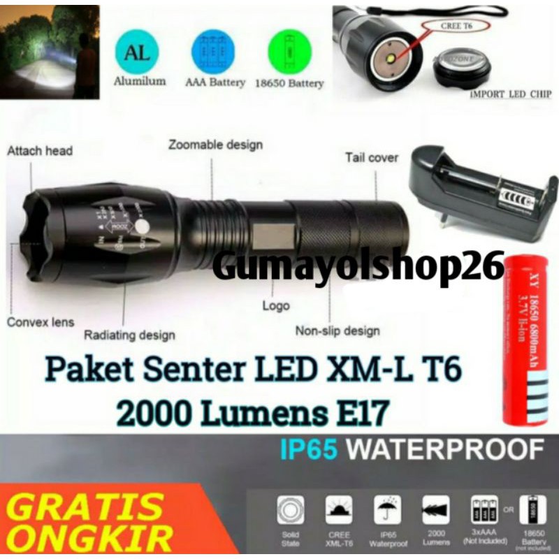 Paket Senter Komplit / Senter T6 E17 Flaslight Super Terang