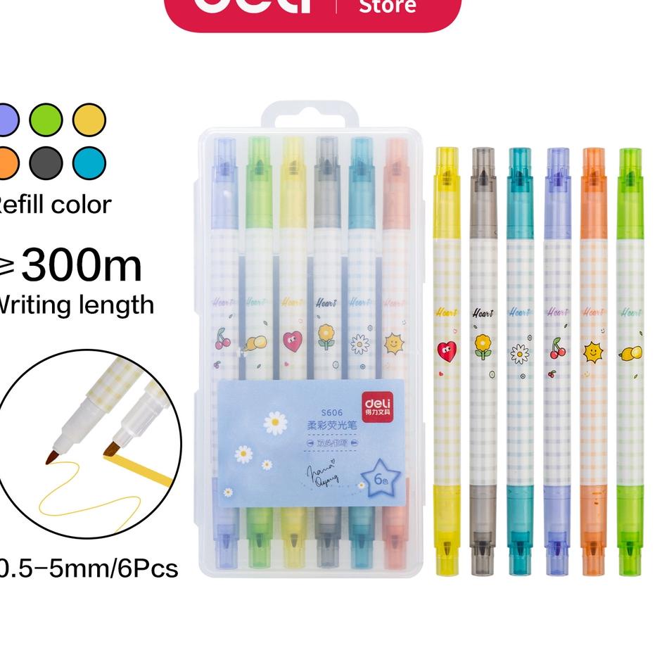 

ス Deli Pen Highlighter 6Pcs/Box, Nyaman Dipakai, Warna Lembut Design Dua Sisi S606 Promo